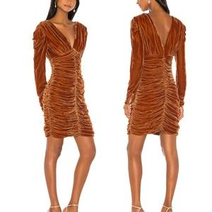 NICHOLAS Gathered Party Tobacco Brown Velvet Dress 6 NEW Long Sleeve Mini